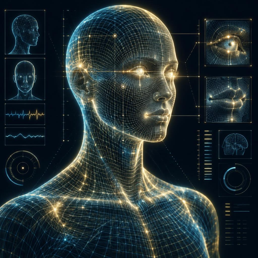 Busto holográfico com pontos de leitura facial
